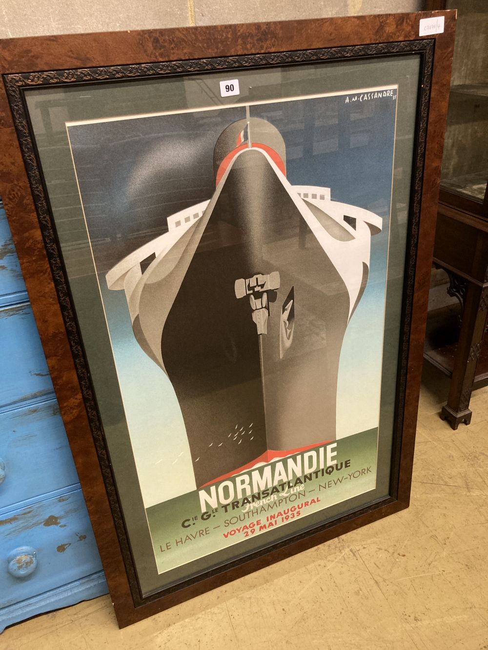 After Cassandre, coloured print of SS Normandie, frame 79 x 118cm